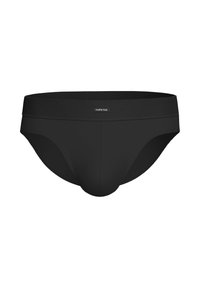 Schwarze Herrenunterhose aus glattem Stoff. Mit einem breiten, elastischen Bund, der mit "IMPETUS" beschriftet ist. Entworfen für eine enganliegende Passform ohne zusätzliche Muster.