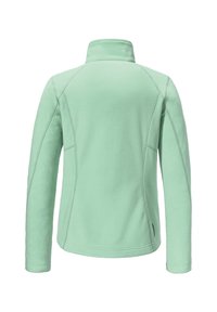 Fleecejacke in Mintgrün mit hohem Kragen, langen Ärmeln und Nahtdetails für eine figurbetonte Passform. Keine sichtbaren Beschläge oder Muster.