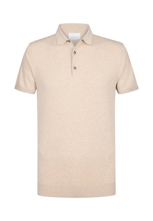 Beige short-sleeve polo shirt made from soft knit fabric, featuring a classic collar, three-button placket, and ribbed cuffs.
