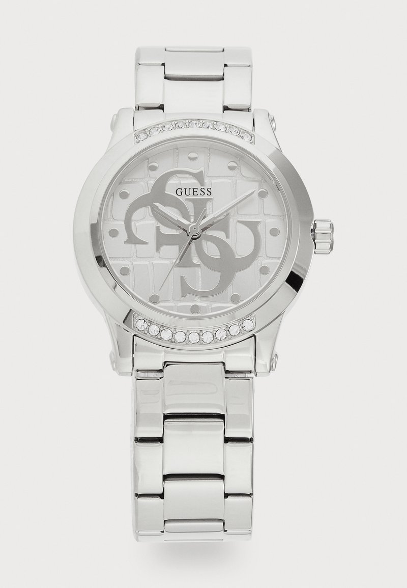 Silberne Metalluhr mit rundem Zifferblatt, gemustertem grauen Ziffernblatt, silbernen Stundenmarkierungen und einem mit Kristallen verzierten Lünette. Armbanddesign mit Gliedern.