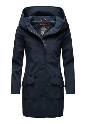 Navy blue waterproof jacket with a large hood, full zip closure, two front pockets, and subtle logo detail on the chest. Smooth texture.