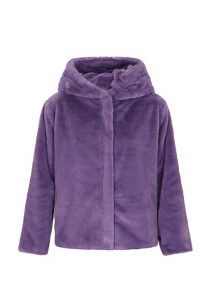 Giacca con cappuccio viola in tessuto plush. Presenta una chiusura frontale e una consistenza morbida, con maniche lunghe e una vestibilità rilassata.
