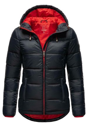 Padded jacket in navy with a red interior. Features a hood, front zipper, and elastic cuffs. Includes two side pockets and drawstring accents.