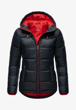 Padded jacket in navy with a red interior. Features a hood, front zipper, and elastic cuffs. Includes two side pockets and drawstring accents.