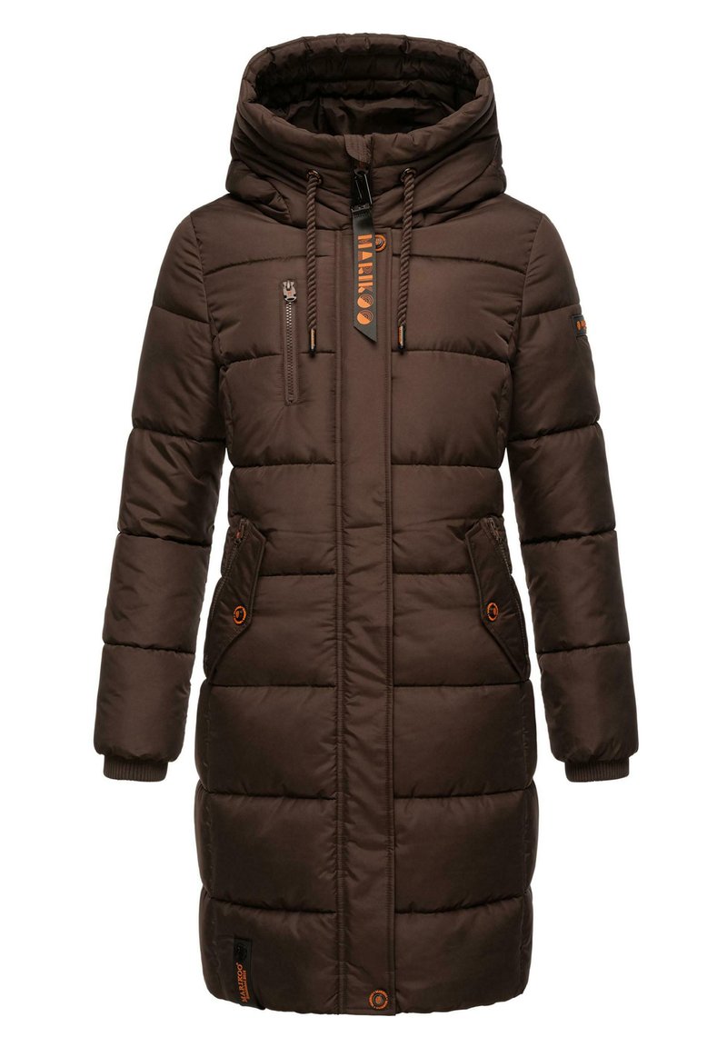 Brown padded winter coat with a hood, featuring a front zipper, side pockets with buttons, and an adjustable drawstring.