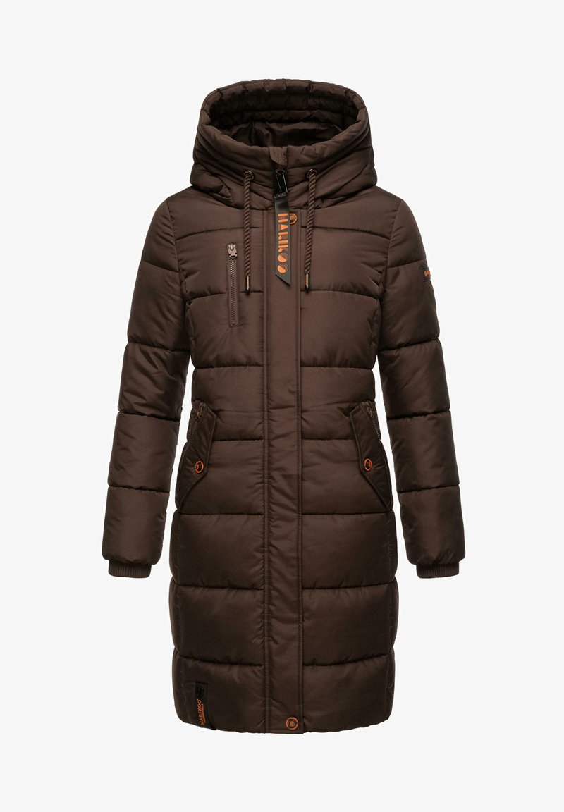 Brun vadderad vinterjacka med huva, utrustad med en framzipper, sidofickor med knappar och en justerbar dragsko.