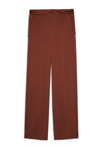 Pantalons larges marron à la texture lisse, dotés de poches latérales, d'un léger éclat et d'une ceinture soignée.
