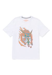 Weißes Baumwoll-T-Shirt mit einem detaillierten Grafikdruck eines Drachen in Orange und Türkis, umgeben von Flammen.