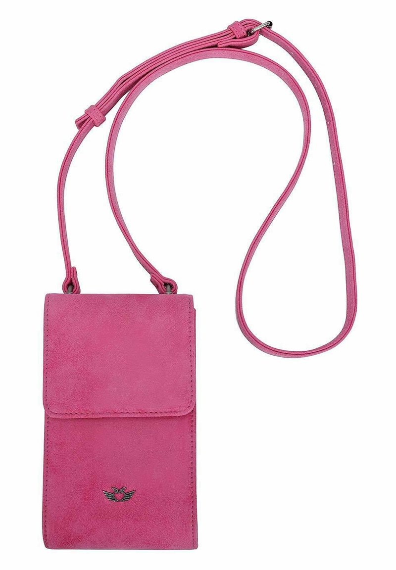 Malá obdélníková růžová semišová crossbody taška s klopou a nastavitelným popruhem, se zdobením v podobě malého kovového srdce s křídly.