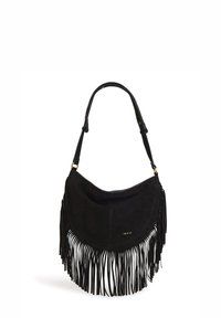Black suede shoulder bag with a curved shape, adorned with long fringes at the bottom, adjustable strap, and minimal gold hardware.