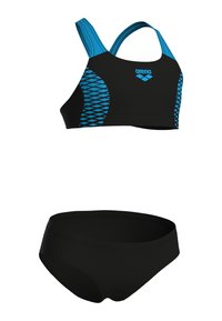 Schwarzes Badeanzug-Set mit einem Sport-BH mit blauen Akzenten und geometrischen Mustern sowie einem passenden schwarzen Bikinioberteil.