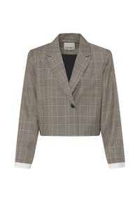 Blazer court à carreaux gris et marron avec manches longues, revers à encoche, bouton unique et poignets blancs visibles sous les manches.