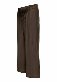 Lahkepruunid laiade säärega püksid elastse vöökohaga ja nööriga, valmistatud kergest, tekstuuriga kangast.