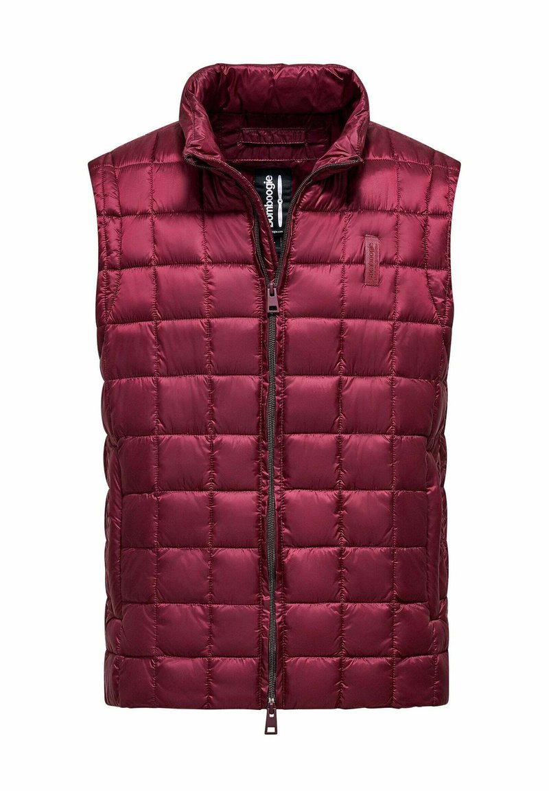 Gilet borgogna imbottito con colletto alto, design trapuntato e chiusura con zip frontale. Realizzato in materiale lucido e leggero. Senza maniche.
