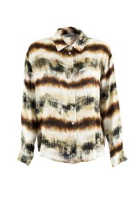 Camicia a maniche lunghe con bottoni in tessuto leggero, caratterizzata da un motivo astratto a righe marroni, crema e nere. Colletto classico e maniche con polsini.