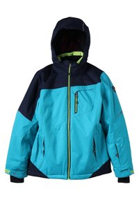 Veste à capuche bleu et marine avec fermeture éclair à l'avant, accents verts contrastants, poches latérales et finition texturée. Présente un design géométrique.