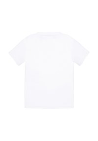 Biała bawełniana koszulka z krótkim rękawem, okrągłym dekoltem i gładkim tyłem. Materiał wydaje się gładki i lekki. Brak widocznych wzorów i akcentów.