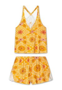 Yellow floral pattern sleep set with a lace-trimmed camisole and elastic waistband shorts. Features vibrant colors and intricate design details.