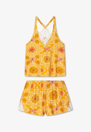 Ensemble de nuit à motif floral jaune comprenant un caraco orné de dentelle et un short avec taille élastique. Présente des couleurs vives et des détails de design complexes.