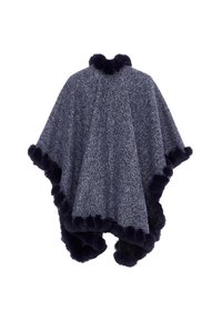 Poncho in tweed navy con bordo in pelliccia. Presenta un design aperto, collo arrotondato e tessuto texturizzato. Accentuato con morbida pelliccia scura lungo i bordi.