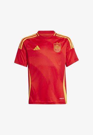 Camisa de fútbol roja con rayas amarillas, cuello deportivo y emblema nacional de España. Tejido ligero con un acabado texturizado. Modelo: Aeroready.