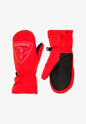 Rote isolierte Handschuhe mit schwarzen Akzenten, versehen mit einem Logo-Patch und elastischen Bündchen für einen perfekten Sitz. Strapazierfähiges Material mit glatter Textur.