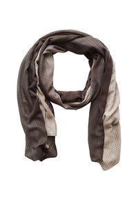 Lättsamm scarf i en blandning av bruna och krämfärgade nyanser med ett texturerat rutmönster, draperad i en cirkulär form.