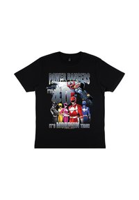 Zwarte katoenen T-shirt met een Power Rangers-afbeelding met zes personages, vetgedrukte tekst en kleurrijke accenten. Het ontwerp bevat "Ik ben 40!" en "Het is Morf-tijd!"