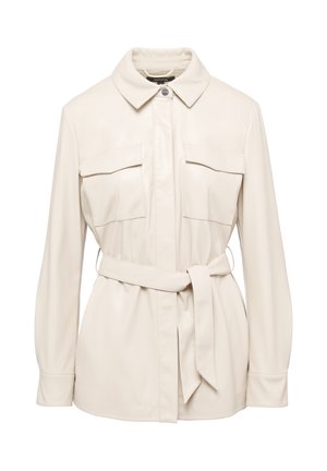 Beige faux leather jacket with a collared neck, button front, two chest pockets, and a belted waist. Long sleeves with cuffs. Smooth texture.