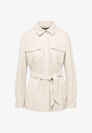 Beige faux leather jacket with a collared neck, button front, two chest pockets, and a belted waist. Long sleeves with cuffs. Smooth texture.