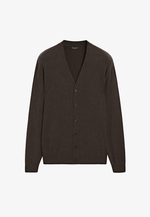 Donkerbruine cashmere cardigan met een V-hals, lange mouwen en zes zwarte knopen aan de voorkant. Zachte textuur met een klassiek ontwerp.