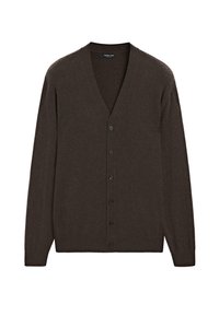Dunkelbrauner Cashmere-Cardigan mit V-Ausschnitt, langen Ärmeln und sechs schwarzen Knöpfen in der Front. Weicher Stoff mit klassischem Design.