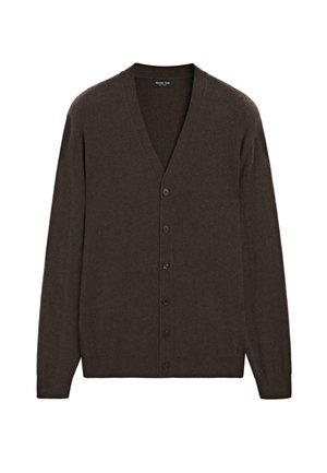 Cardigan in cashmere marrone scuro con scollatura a V, maniche lunghe e sei bottoni neri lungo la parte anteriore. Tessuto morbido con un design classico.