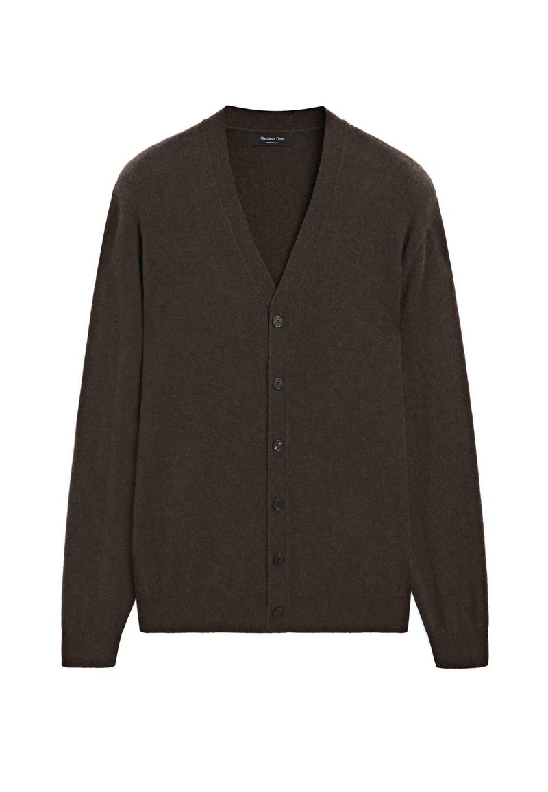 Dunkelbrauner Cashmere-Cardigan mit V-Ausschnitt, langen Ärmeln und sechs schwarzen Knöpfen in der Front. Weicher Stoff mit klassischem Design.