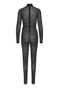 Bodysuit negro de encaje con mangas largas, cuello alto y cierre de cremallera en la parte trasera. Textura transparente con patrón floral en toda la prenda.