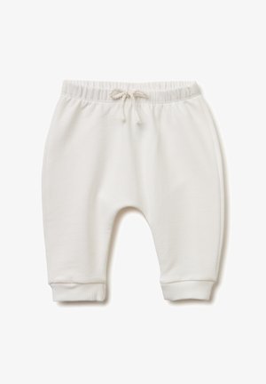 Witte katoenen sweatpants met een elastische tailleband en een trekkoord. Ribgebreide boorden bij de enkels. Zachte, gladde textuur. Geen patronen of accenten.