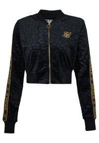 Giacca bomber nera corta realizzata in velluto, con una delicata stampa leopardata, zip dorata e branding giallo "SIKSILK" sulle maniche.
