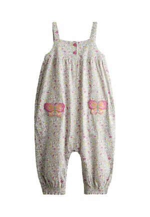 Bezrekawowy kombinezon niemowlęcy w kwiaty z różowymi guzikami na piersi i różowymi motylkami na przednich kieszeniach, z elastycznymi nogawkami.