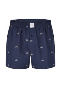 Boxer in cotone blu navy con elastico in vita, caratterizzati da un motivo di piccole biciclette bianche e un dettaglio con bottone frontale.