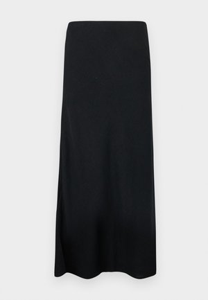 Black maxi skirt made of smooth fabric, featuring a straight silhouette and a side split. No patterns or additional details.