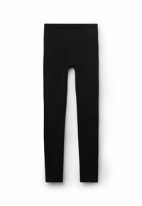 Schwarze Leggings aus einem glatten, dehnbaren Stoff mit hohem Bund und langen Beinen. Nahtloses Design steigert den Komfort und die Flexibilität.