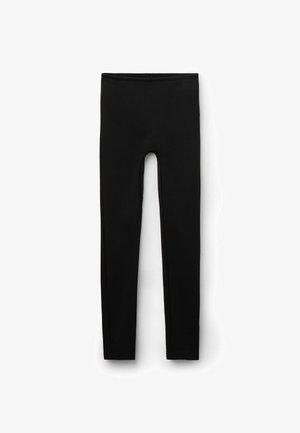 Czarne legginsy wykonane z gładkiego, elastycznego materiału, z wysokim stanem i pełnej długości nogawkami. Bezszwowy fason zwiększa komfort i elastyczność.