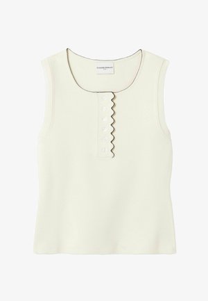 Haut sans manches couleur crème avec un col festonné, sept boutons décoratifs sur le devant et une coupe ajustée. Texture lisse et matière légère.