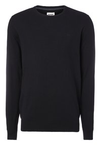 Black long-sleeve crew neck sweater with a small Wrangler logo on the chest.