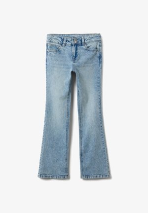 Lichtblauwe denim spijkerbroek met uitlopende pijpen, een taillehoogte halverwege, vijf zakken en een verwassen look. Voorzien van metalen knoop en stikselaccenten.