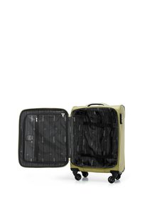 Valigia rigida di colore verde oliva con chiusura a zip, tasche interne in rete e un motivo a righe. Dotata di quattro ruote per la mobilità.