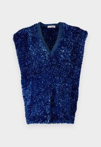 Tamsiai mėlynas be rankovių liemenė su V formos iškirpte, pasižyminti minkšta, tekstūrine, puria medžiaga. Švytinti tekstūra suteikia vizualinio susidomėjimo.