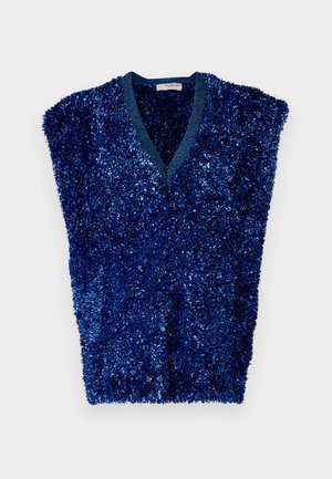 Navyblauer ärmelloser Pullover mit V-Ausschnitt, aus weichem, strukturiertem, flauschigem Material. Lebhafter Schimmer sorgt für visuelles Interesse.