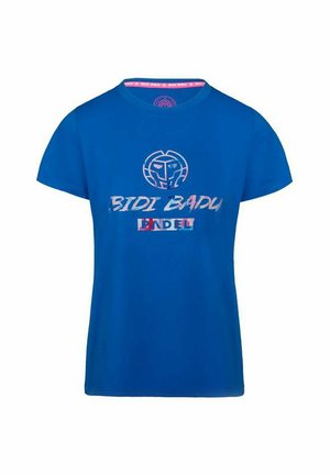 Das blaue Baumwoll-T-Shirt hat einen Rundhalsausschnitt, kurze Ärmel und einen Frontdruck mit weißem und pinkem Text sowie einem Logodesign.