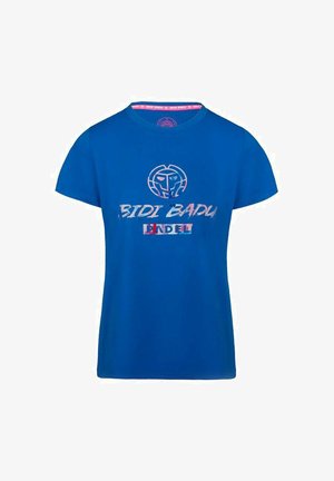 Das blaue Baumwoll-T-Shirt hat einen Rundhalsausschnitt, kurze Ärmel und einen Frontdruck mit weißem und pinkem Text sowie einem Logodesign.